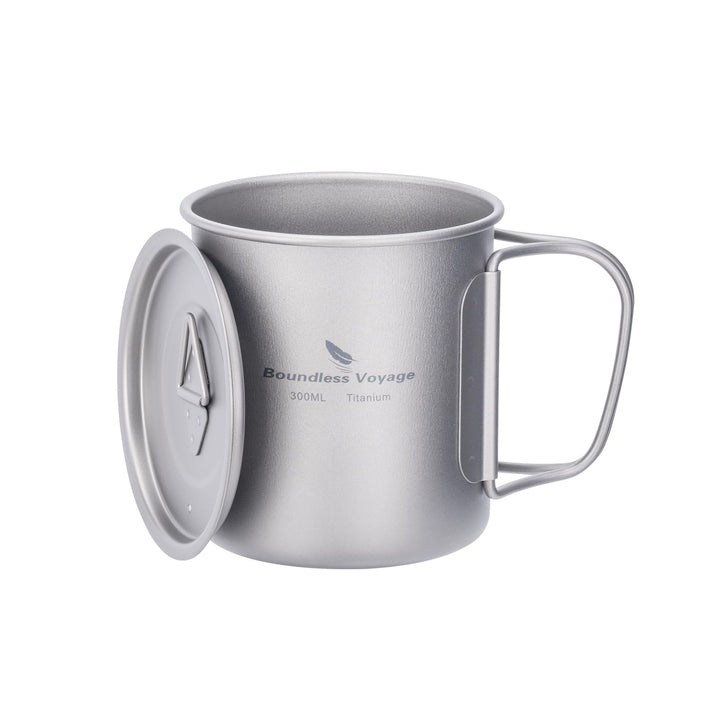 iBasingo 300ml Titan Becher Camping Tasse Outdoor Tee Kaffee Reisebecher mit Deckel & Klappgriff Lei