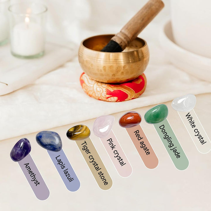 Tibetische Klangschale, handgestimmte Chakra-Stein-Schale mit 2 Glocken und Tragetasche, spirituelle