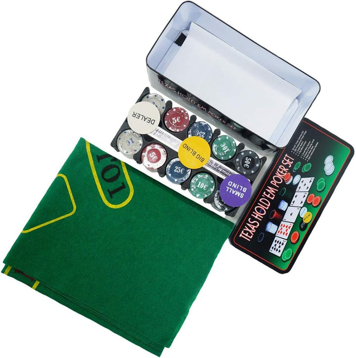 grupu fu Pokerset Metallbox, 200 Pokerchips, 2 Covers, Dealer Button, Small Blind, Big Blind, Spielm