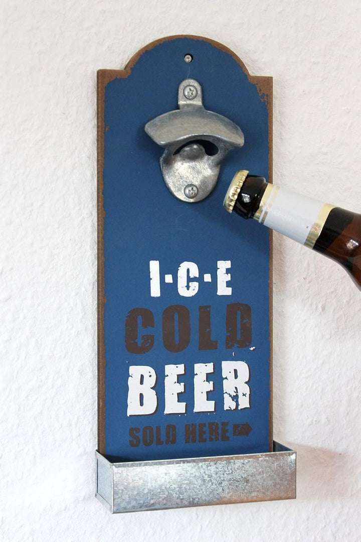 DanDiBo Wandflaschenöffner mit Kronkorkenbehälter 20003 Blau Ice Cold Beer Bieröffner 32 cm Flaschen