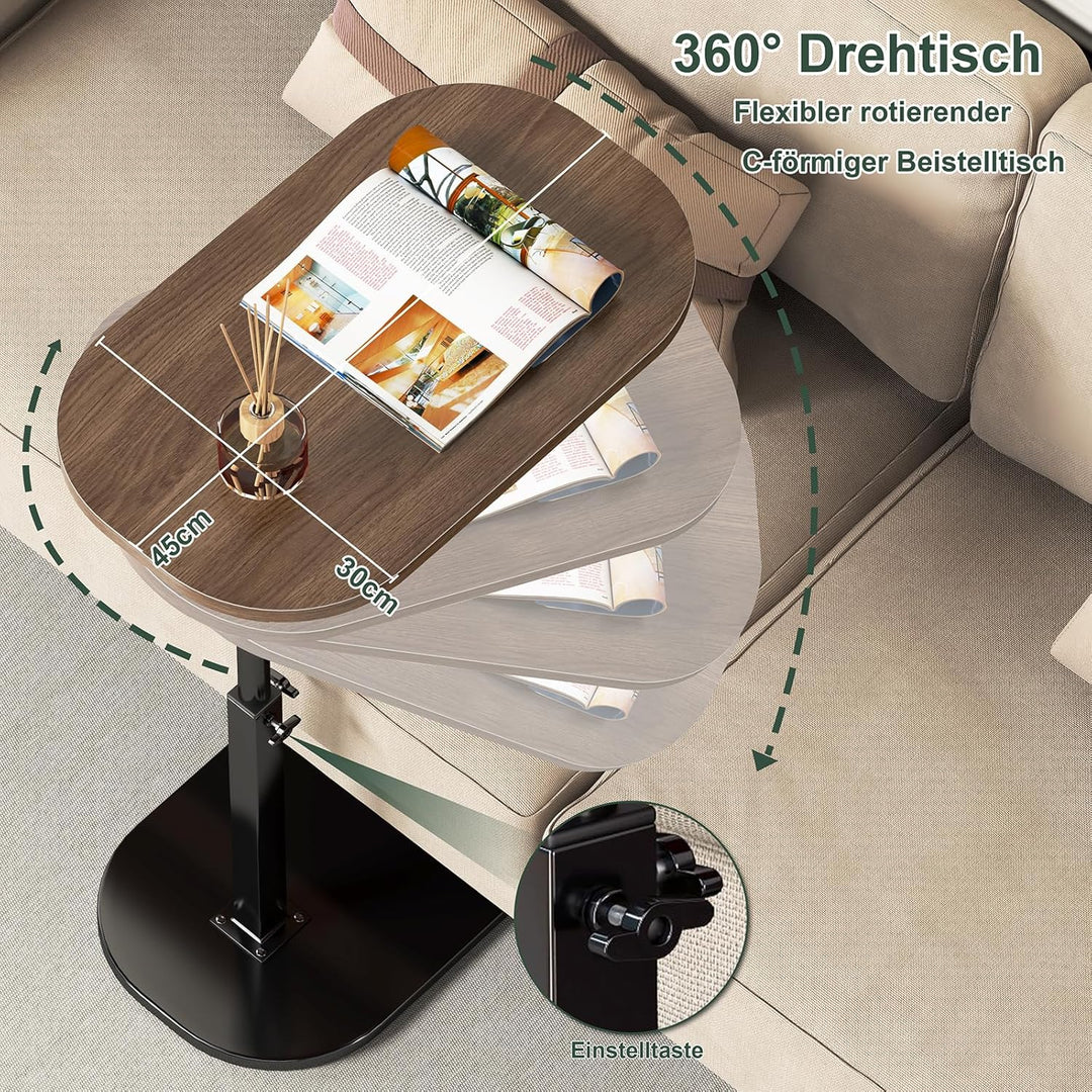YUTVCZO Beistelltisch C Form, Klein Couchtisch Holz Sofatisch Höhenverstellbar, C Form Beistelltisch
