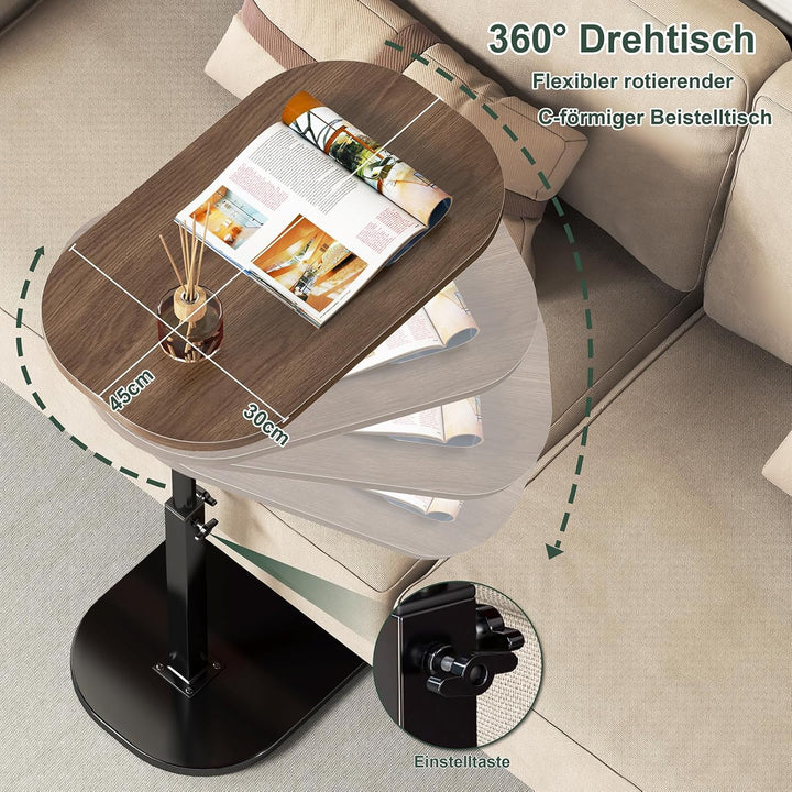 Beistelltisch C Form, Klein Couchtisch Holz Sofatisch Höhenverstellbar, 360° Drehbarer C Form Beiste