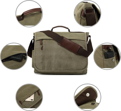 CALIYO Umhängetaschen Herren aus Canvas Schultasche Queformat A4 Laptoptasche für 15,6 Zoll Laptop A