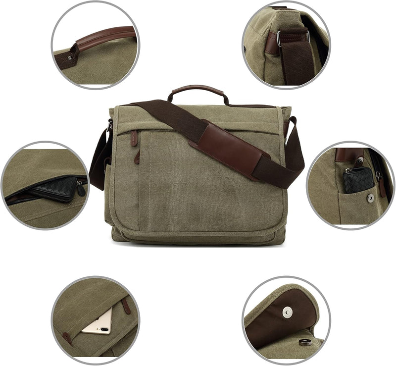 CALIYO Umhängetaschen Herren aus Canvas Schultasche Queformat A4 Laptoptasche für 15,6 Zoll Laptop A