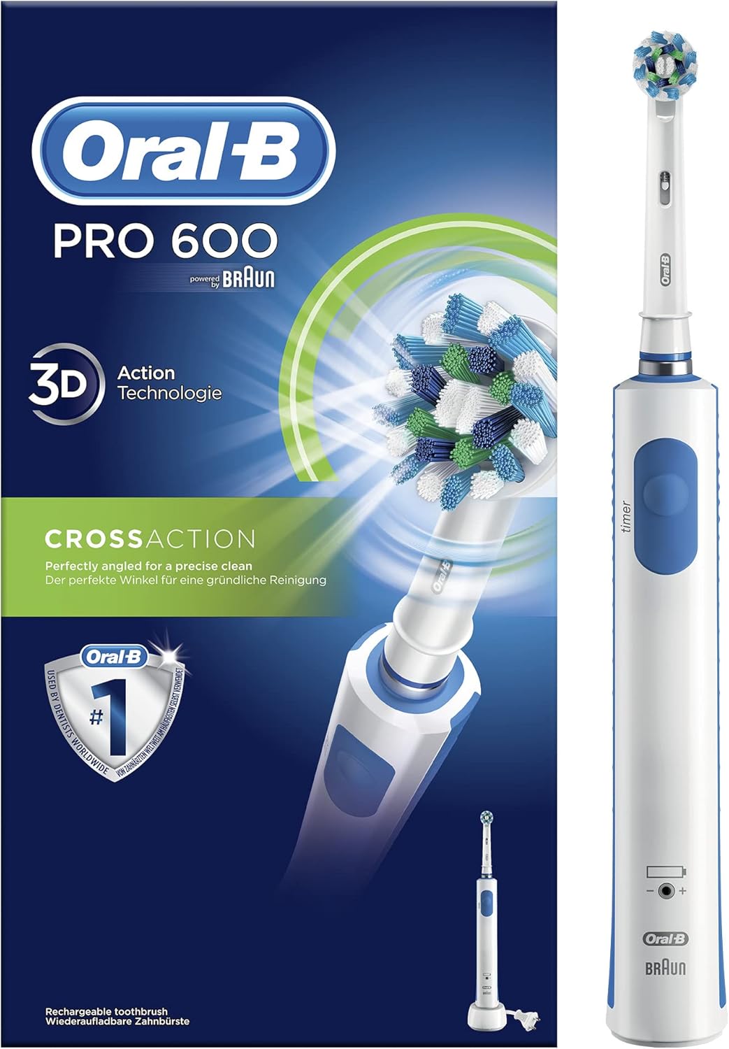 Oral-B PRO 600 CrossAction Elektrische Zahnbürste mit Timer, Cross Action, Weiss, Pro 600
