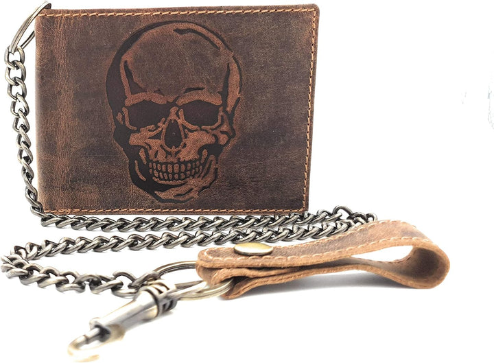 echt Leder Biker Geldbörse quer Hunterleder Portemonnaie Totenkopf Schädel Skull mit 50cm Kette & RF