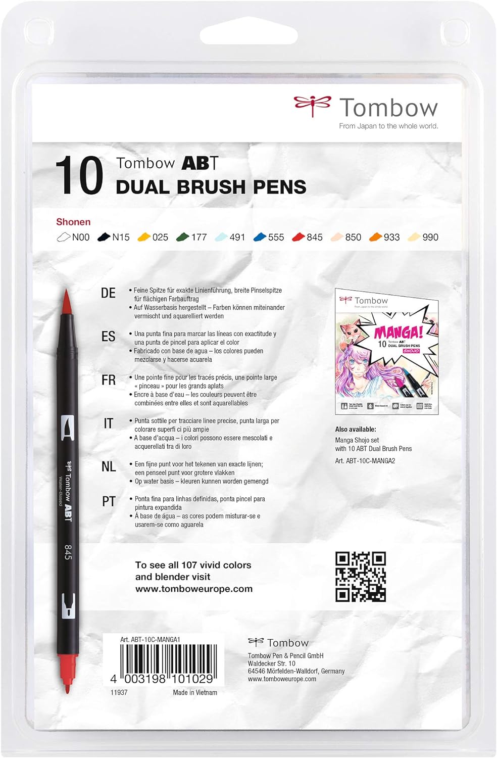 Tombow ABT-10C-MANGA1 Fasermaler, Dual Brush Pen mit zwei Spitzen, 10-er Manga Set Shonen, Manga Set