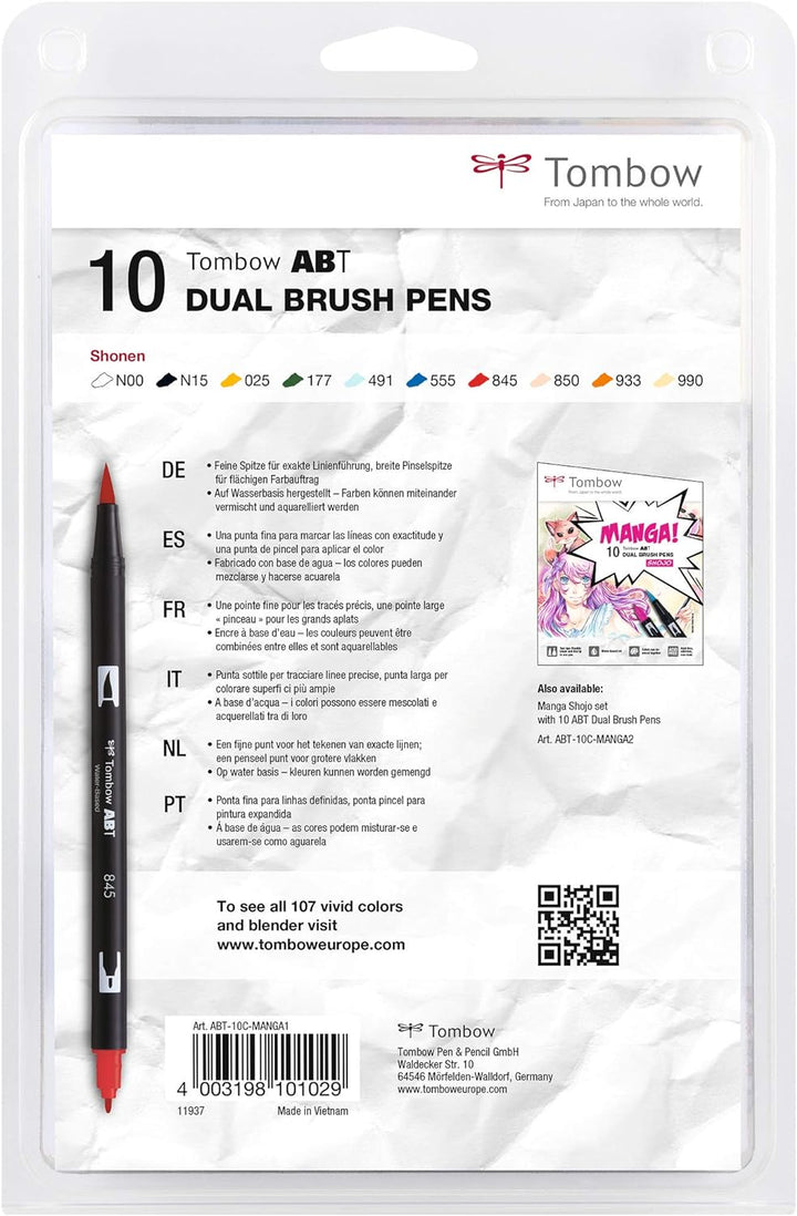 Tombow ABT-10C-MANGA1 Fasermaler, Dual Brush Pen mit zwei Spitzen, 10-er Manga Set Shonen, Manga Set