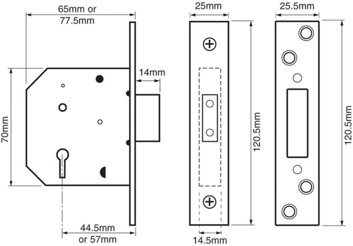 Union Locks 2101 Einsteck-Riegelschloss mit 5 Zuhaltungen, 65 mm, Oberfläche Messingfinish, in Sicht