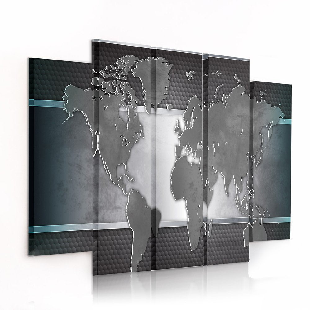 Feeby Frames, Leinwandbild Bilder Wand Bild - 5 Teile - Wandbilder Kunstdruck (WELTKARTE, GRAU) 150x