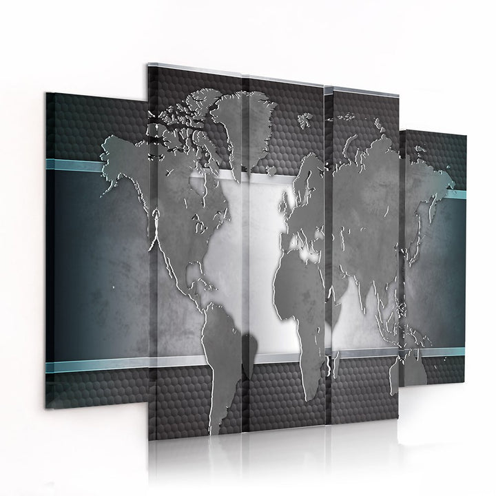 Feeby Frames, Leinwandbild Bilder Wand Bild - 5 Teile - Wandbilder Kunstdruck (WELTKARTE, GRAU) 150x