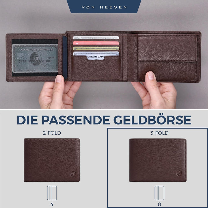 VON HEESEN Leder Geldbörse Herren mit RFID Schutz I Echtleder Geldbeutel für Männer I Münzbörse Port