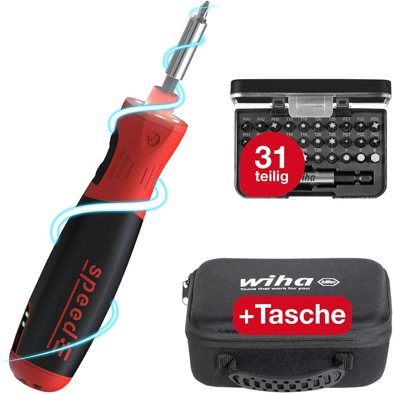 Wiha elektrischer Schraubendreher speedE PocketDrive 31-tlg. I mit Bit-Set in Box und Tasche I 1,0 N