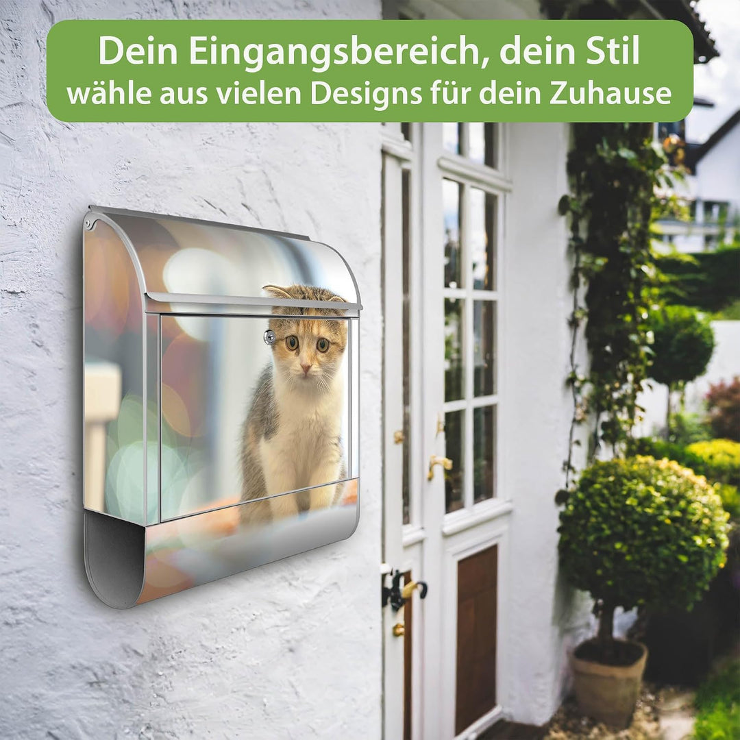 banjado® Design Briefkasten mit Motiv Kleine Katze 39x47x14cm &amp; 2 Schlüssel - Briefkasten Stahl Silb