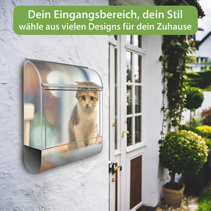 banjado® Design Briefkasten mit Motiv Kleine Katze 39x47x14cm &amp; 2 Schlüssel - Briefkasten Stahl Silb