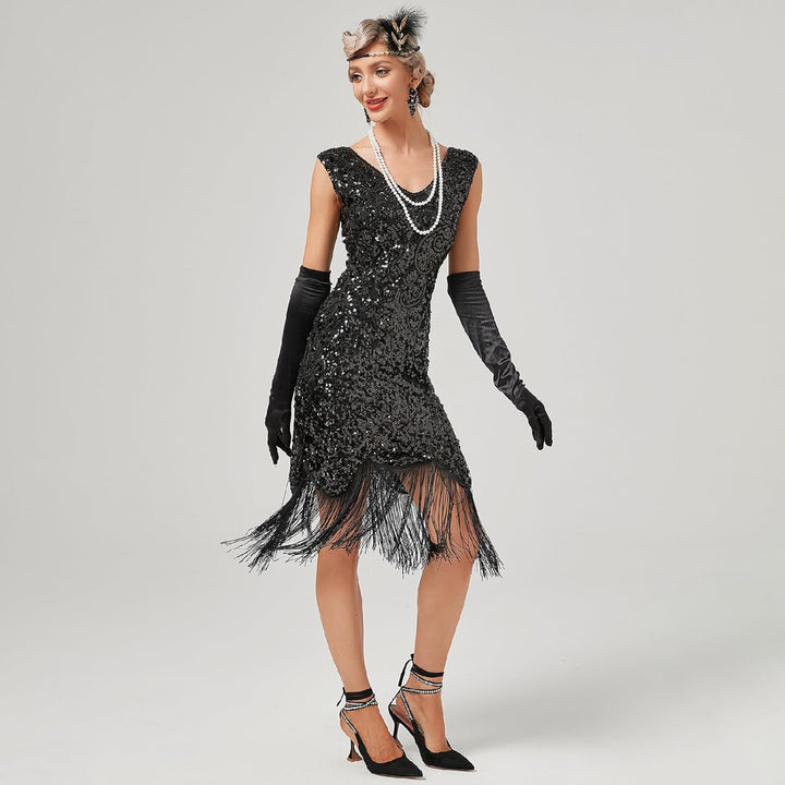 FYMNSI Damen 1920er Jahre V-Ausschnitt Pailletten Fransen Kleid Flapper Charleston Kleider Cocktailk