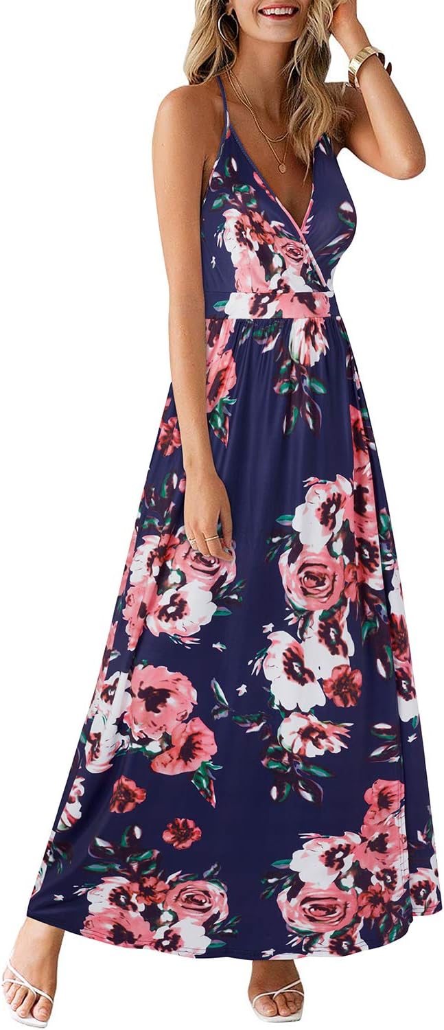 OUGES Damen Sommerkleid V-Ausschnitt Maxikleid Rückenfreies High Waist Spaghetti Strap Freizeitkleid