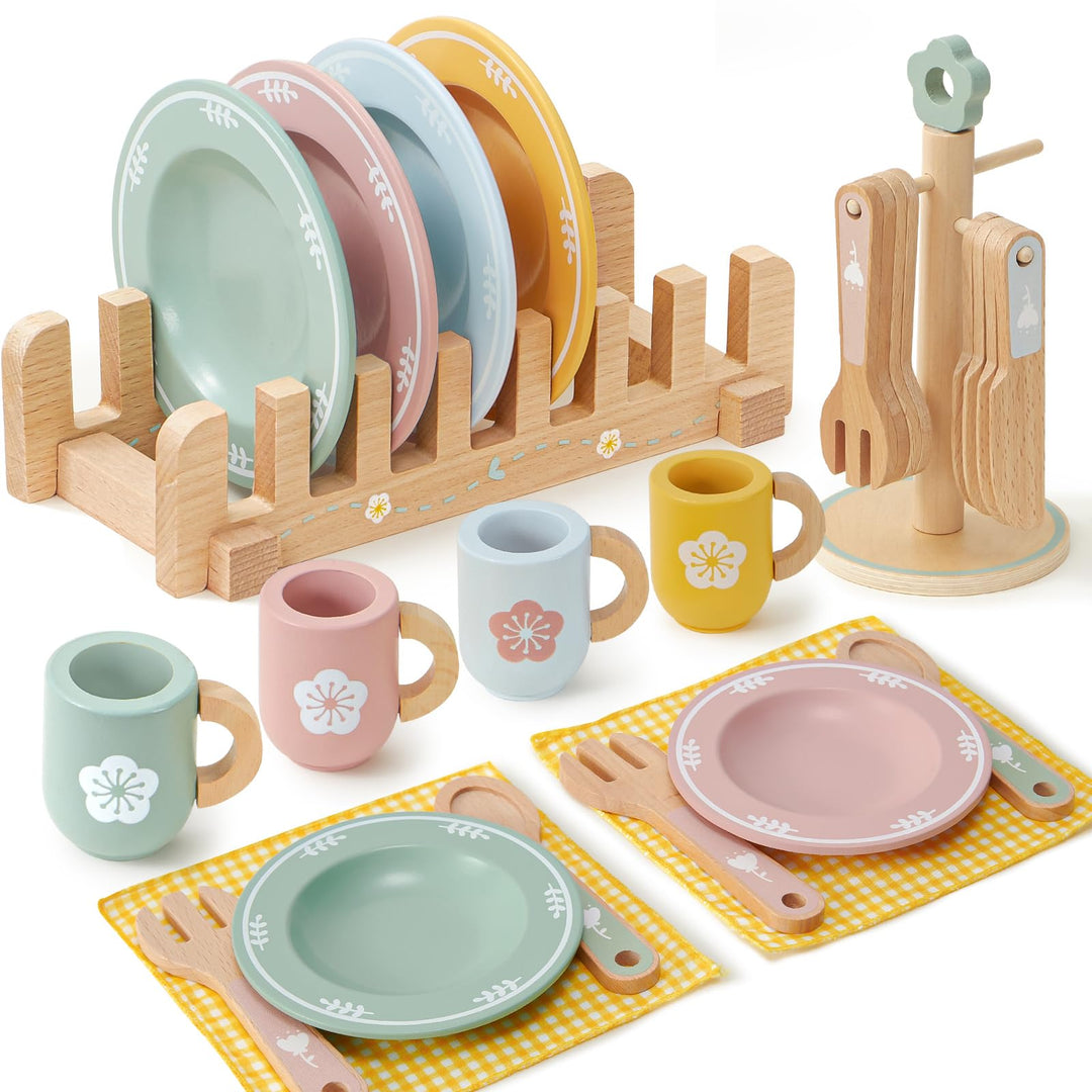 Atoylink Kinderküche Zubehör Holz Geschirr Teeservice Kinder, Geschirrset mit Tassen Teller, Spielkü