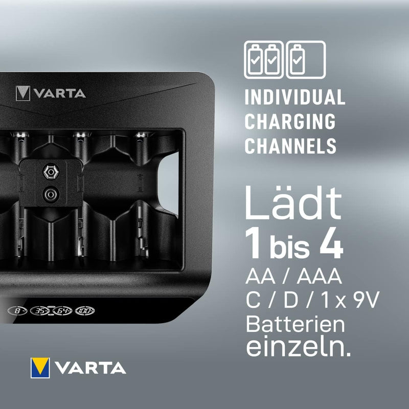 VARTA Universal Charger+, Ladegerät für Akkus in AA/AAA/9V und USB Geräte, Einzelschachtladung LCD U