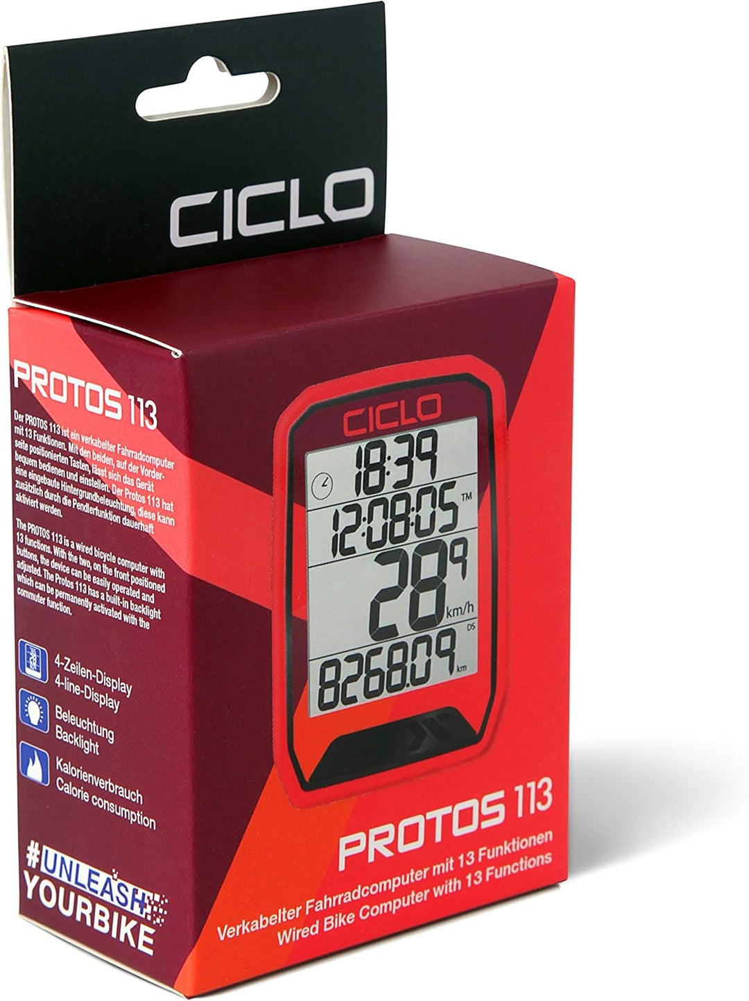 CICLO PROTOS 113 verkabelter Fahrradcomputer, mit 13 Funktionen in rot, in rot
