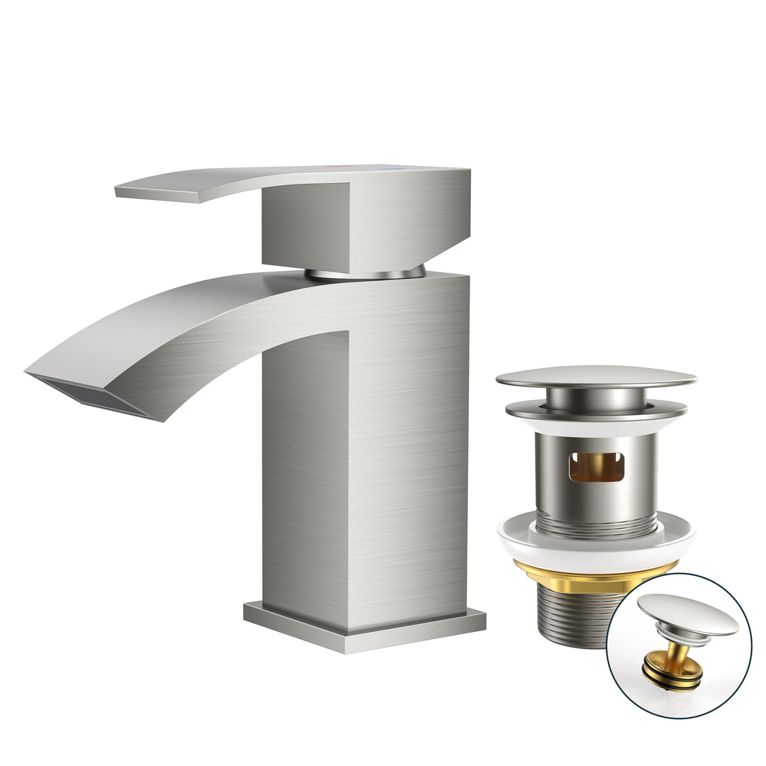 FORIOUS Wasserhahn Bad mit Ablaufgarnitur, Wasserfall Waschtischarmatur mit Auslauf Höhe 60 mm, Misc