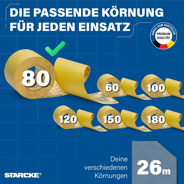 STARCKE® Schleifpapier Rolle [26m Rolle] - MADE IN GERMANY - Schleifrolle Set mit Stearatbeschichtun