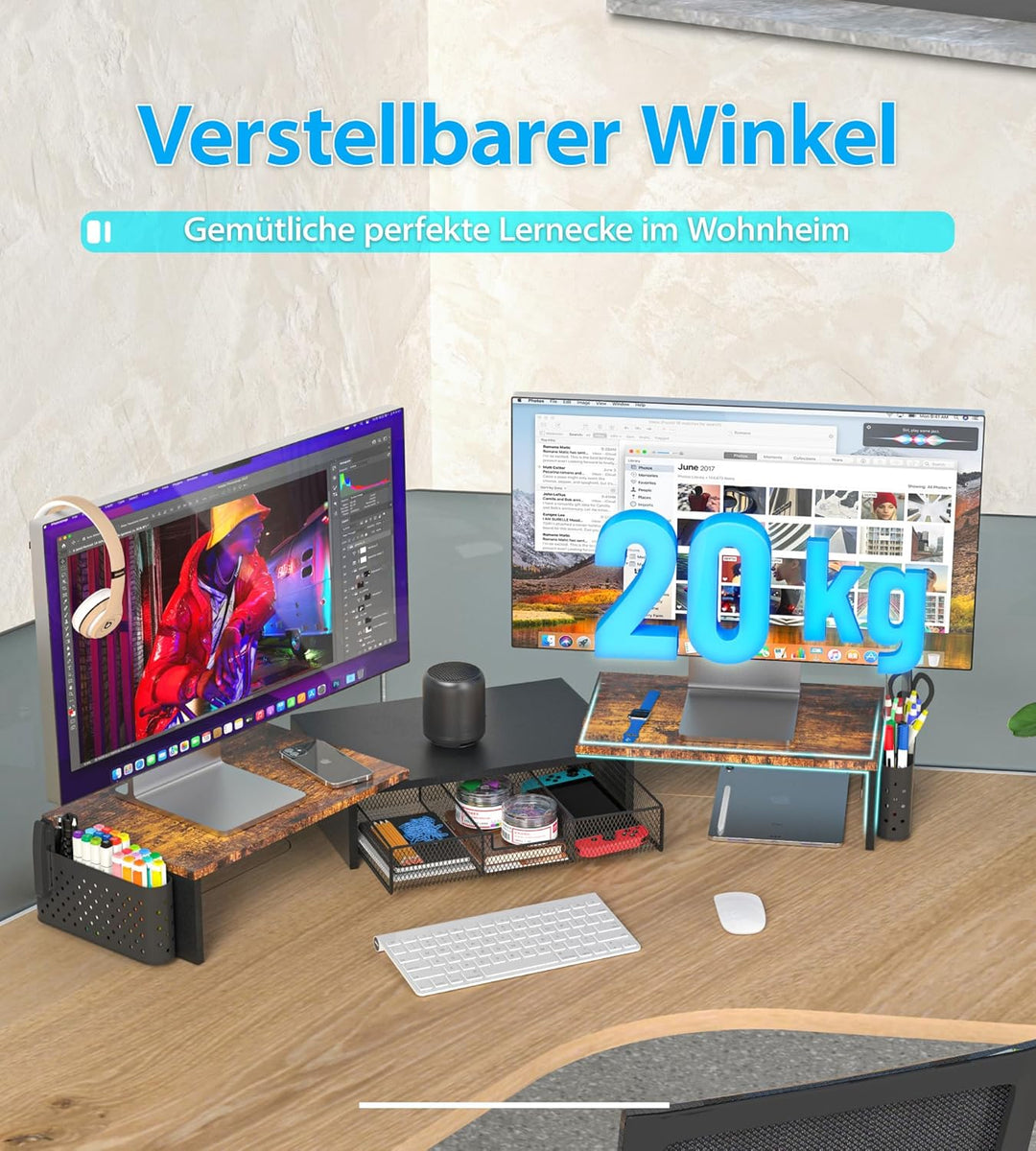 MOWETOO Dual Monitorständer Holz,Monitor Stand mit Schublade &amp; 2 Stifthaltern, Längenverstellbar &amp; D