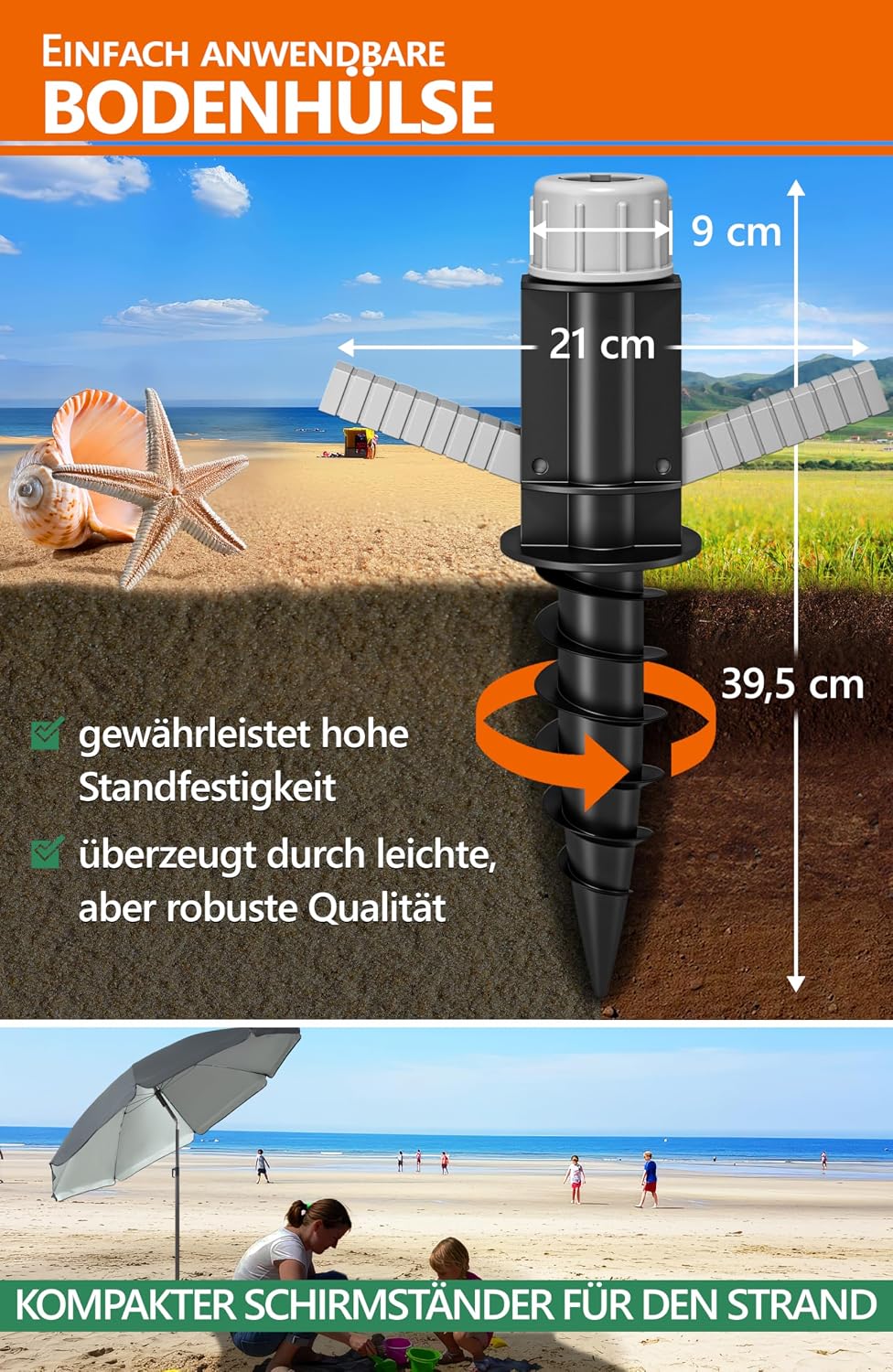 4smile Sonnenschirm Strand SunnyJoy 3-IN-1-SET, Fb. Anthrazit - Strandschirm Ø 180 cm + Bodenhülse +
