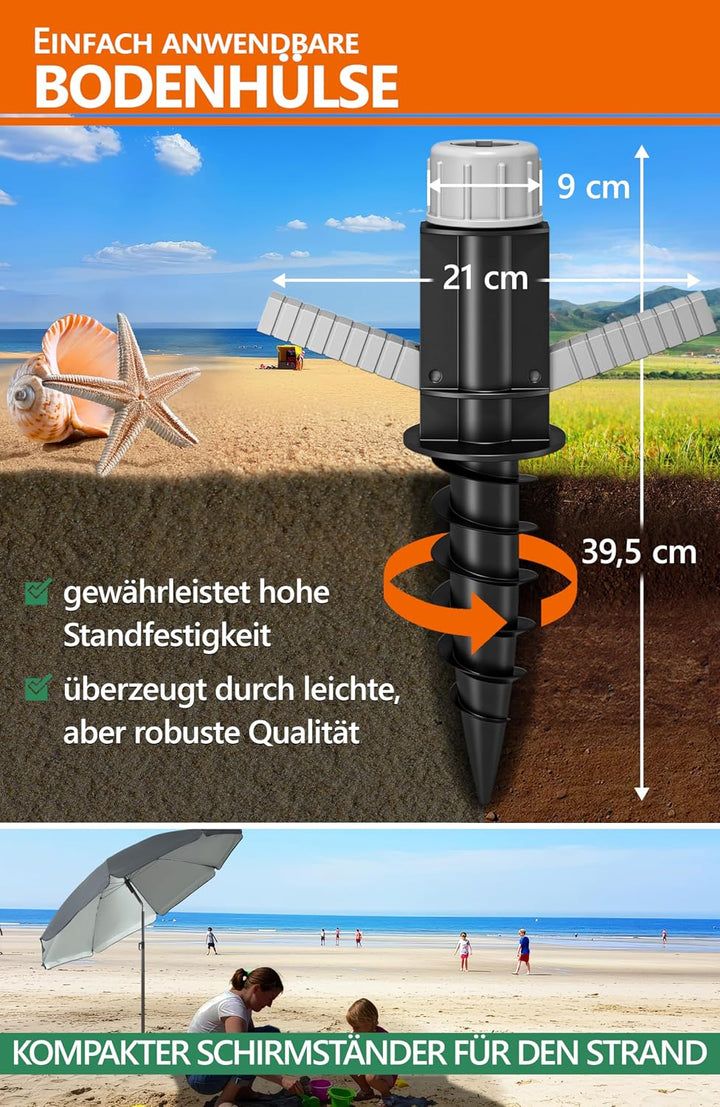 4smile Sonnenschirm Strand SunnyJoy 3-IN-1-SET, Fb. Anthrazit - Strandschirm Ø 180 cm + Bodenhülse +
