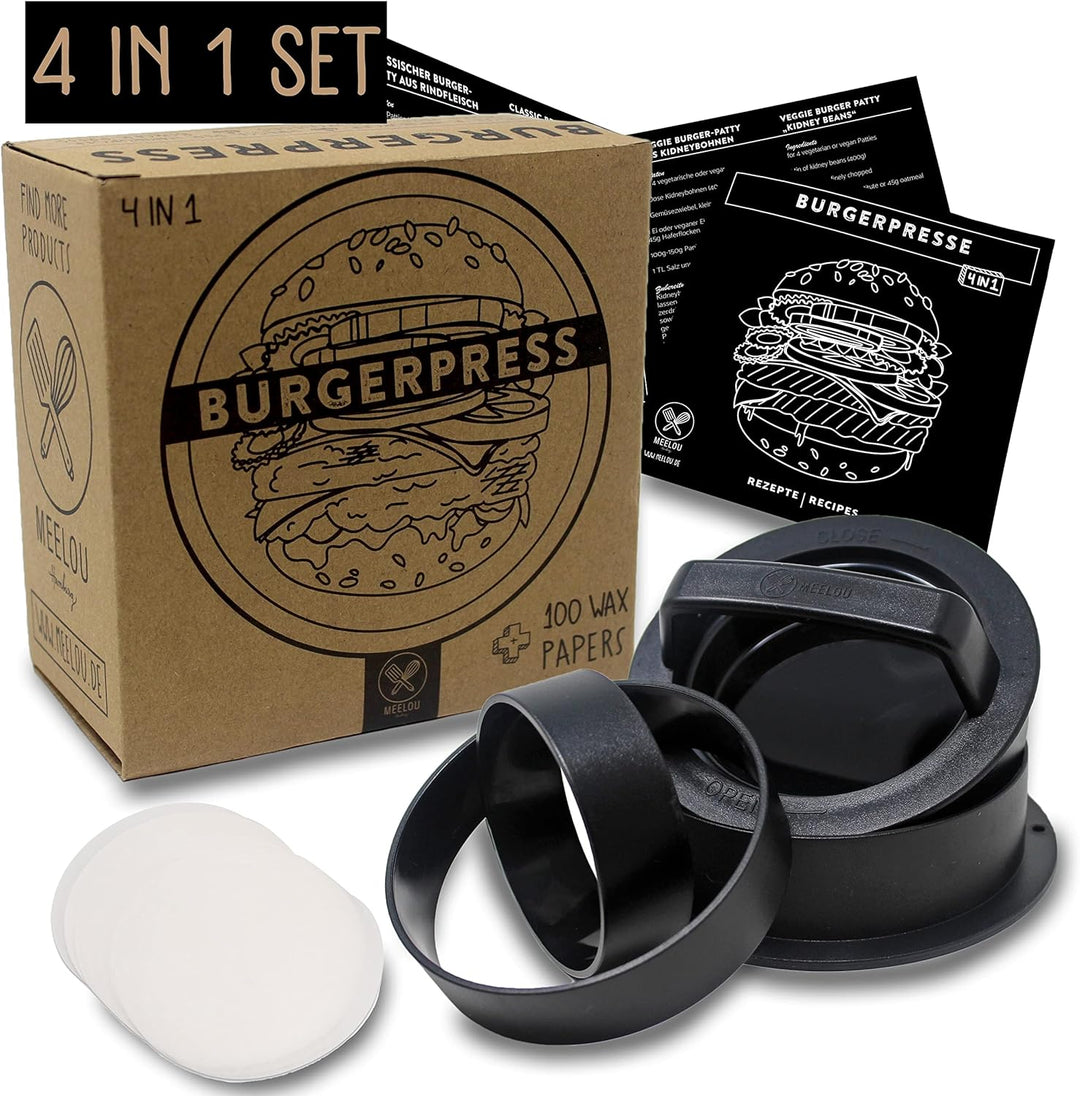 Burgerpresse mit 100 Blatt Burger Papier, 4 Patty Grössen inkl. Gefüllte Patties und XXL, Burger Pat