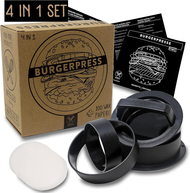 Burgerpresse mit 100 Blatt Burger Papier, 4 Patty Grössen inkl. Gefüllte Patties und XXL, Burger Pat