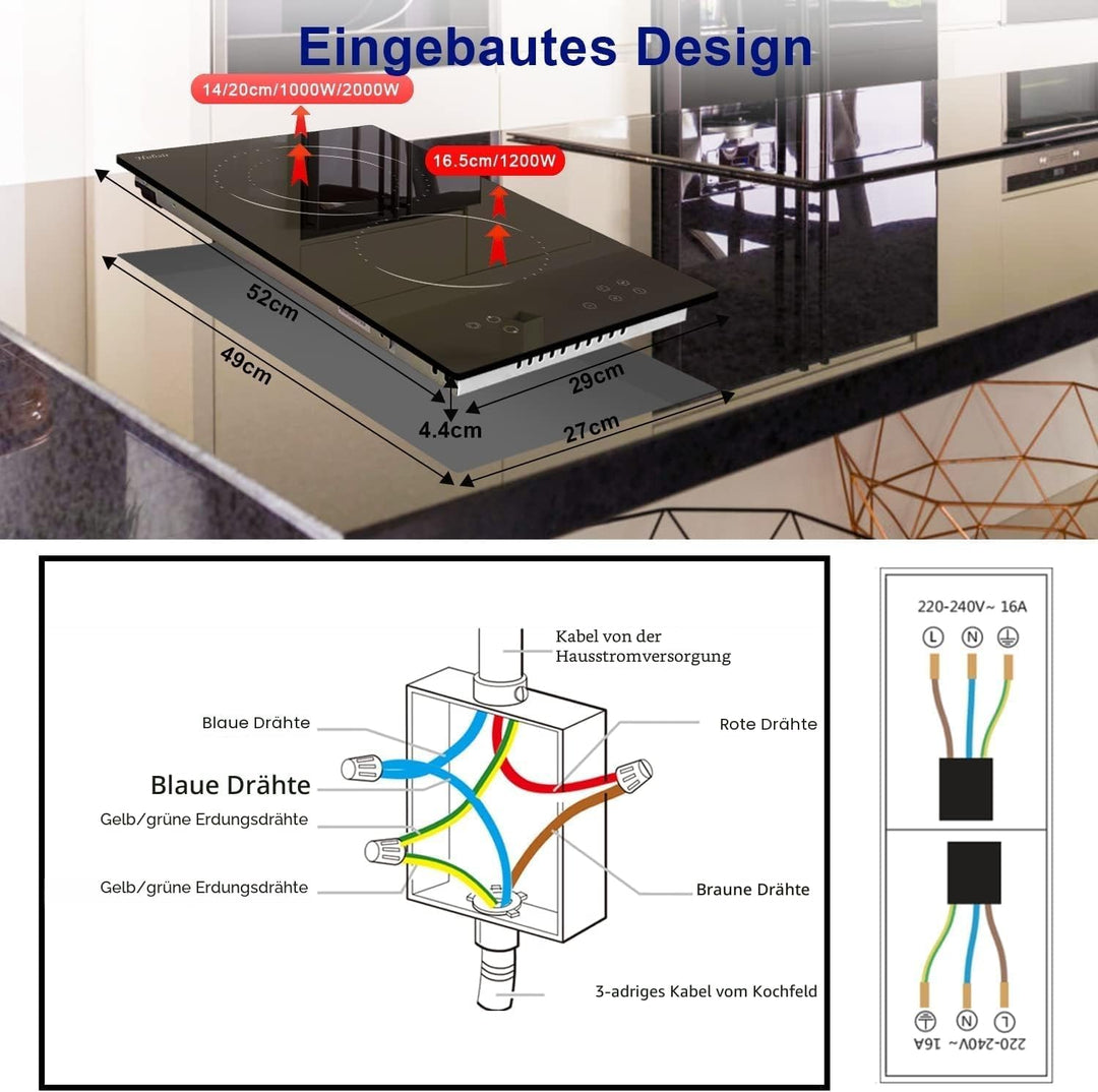 Glaskeramikkochfeld 2 Zonen, Hobsir Einbau Kochfelder 30cm, 3200W, Touch-Steuerung, Doppelte Zone, 9