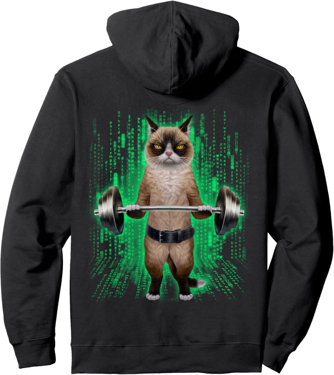 Siamesische Katze, die Gewichte im Cyber-Fitnessstudio hebt Pullover Hoodie