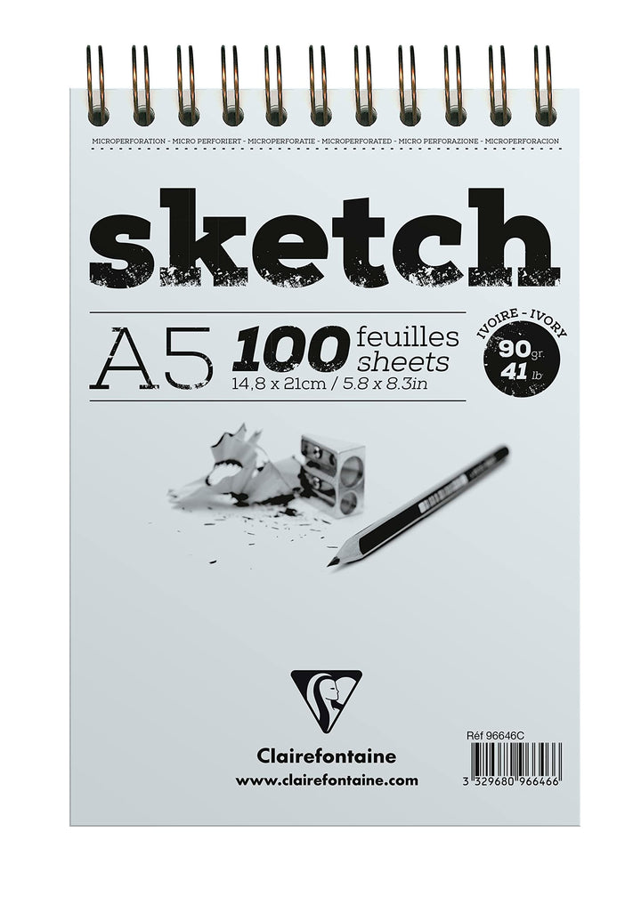 Clairefontaine 96646C - Skizzenblock mit Doppelspirale SKETCH-Papier, DIN A5 14,8x21cm, 100 Blatt, 9