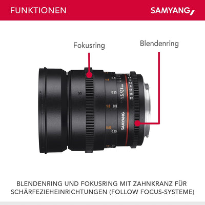 Samyang 24/1,5 Objektiv Video DSLR II Canon EF manueller Fokus Videoobjektiv 0,8 Zahnkranz Gear, Wei