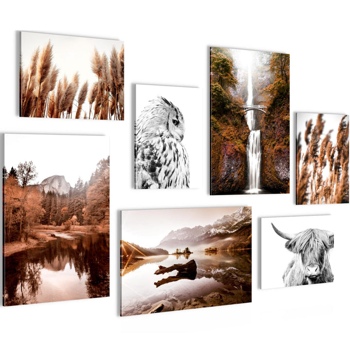 Novart Wandbilder Natur Berge See - KOMPLETT AUFHÄNGFERTIG - Orange Braun Wohnzimmer Schlafzimmer -