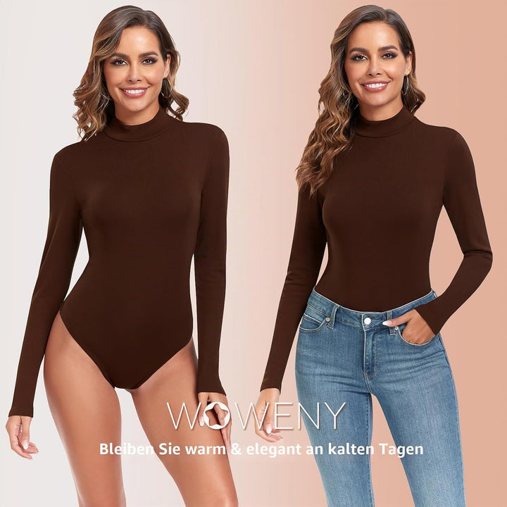 WOWENY Damen Body Langarm mit Stehkragen - Thermo Bodysuit Fleece Oberteile Shirts Rolli Pullover Ro