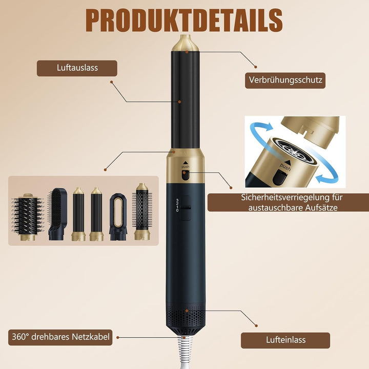 6-in-1 Hair-styler, Ionen Föhn, 1000W Multifunktionaler Hairstyler, Lockenstab Automatisch, Keramikt