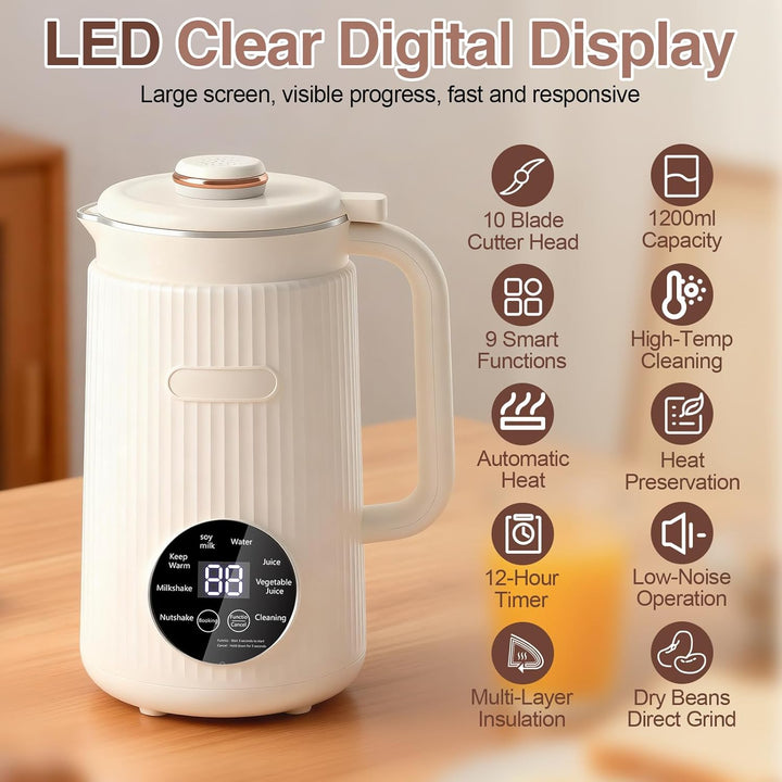 8-in-1 Nussmilchmaschine, 1200ml Pflanzenmilchbereiter & Sojamilchmaschine mit Timer, Warmhaltefunkt