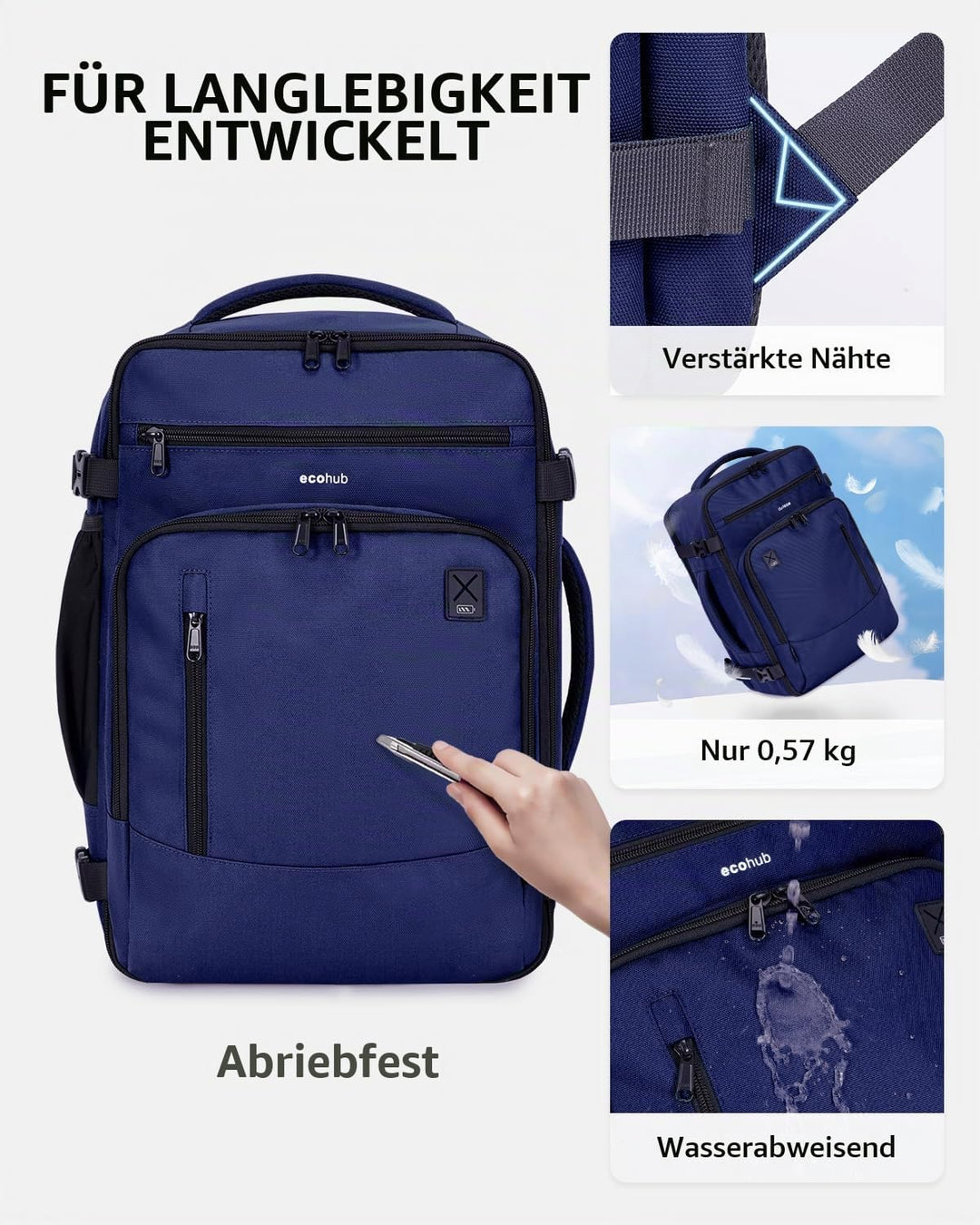 ECOHUB Rucksack 40x20x25 für Ryanair Flugzeug Reiserucksack Handgepäck Gepäck Laptop Daypacks PET-Re