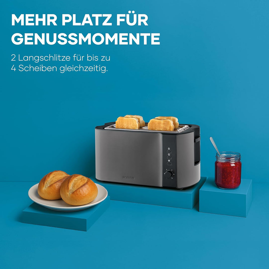 Severin Automatik-Langschlitztoaster, Toaster mit Brötchenaufsatz, hochwertiger Edelstahl Toaster mi