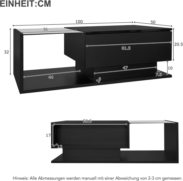 Merax Couchtisch Schwarz Hochglanz mit LED, Moderner Wohnzimmertisch mit Stauraum Schubladen, Glaspl
