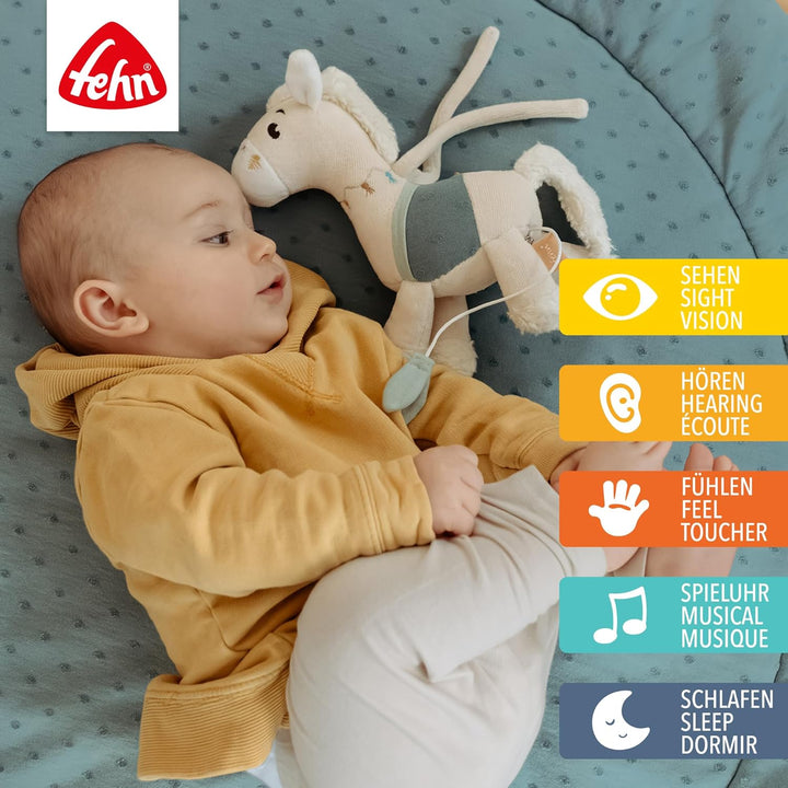 Fehn Mini-Spieluhr Pferd – Kuscheltier & Einschlafhilfe für Babys | Aufzieh-Spieluhr mit sanfter Mel