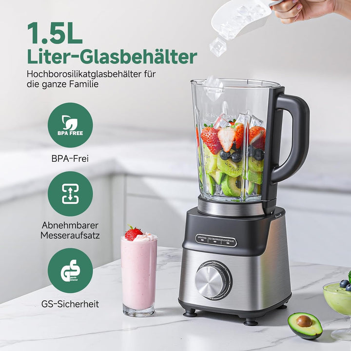 AMZCHEF Standmixer Gas Smoothie Maker mit Glasbehälter & 6-Klingen-System – Hochleistungs-Mixer 1200