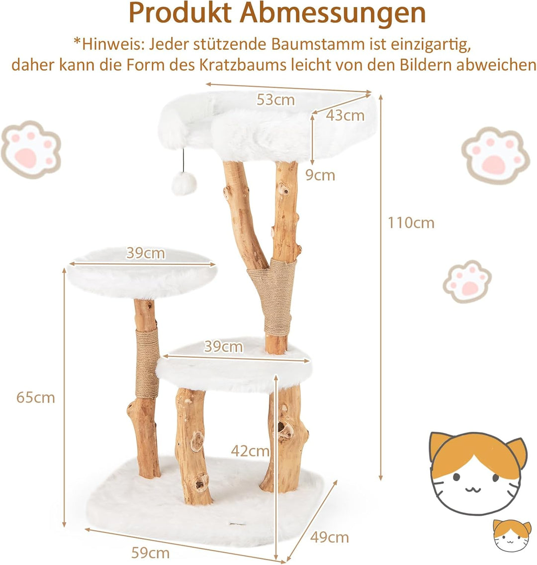 SOARS Kratzbaum Holz, Katzenbaum mit 3 natürlichen Birnbaumstämmen, Katzenbett & Plüschflächen, Katz