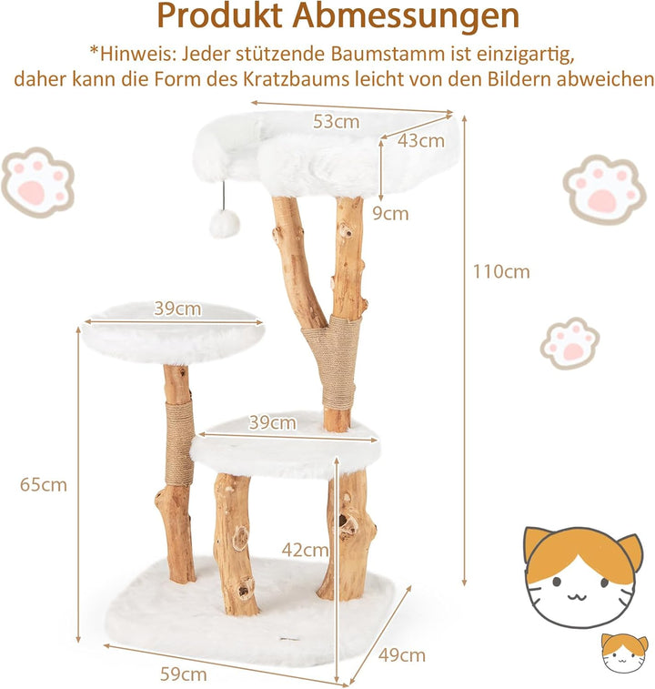 SOARS Kratzbaum Holz, Katzenbaum mit 3 natürlichen Birnbaumstämmen, Katzenbett & Plüschflächen, Katz