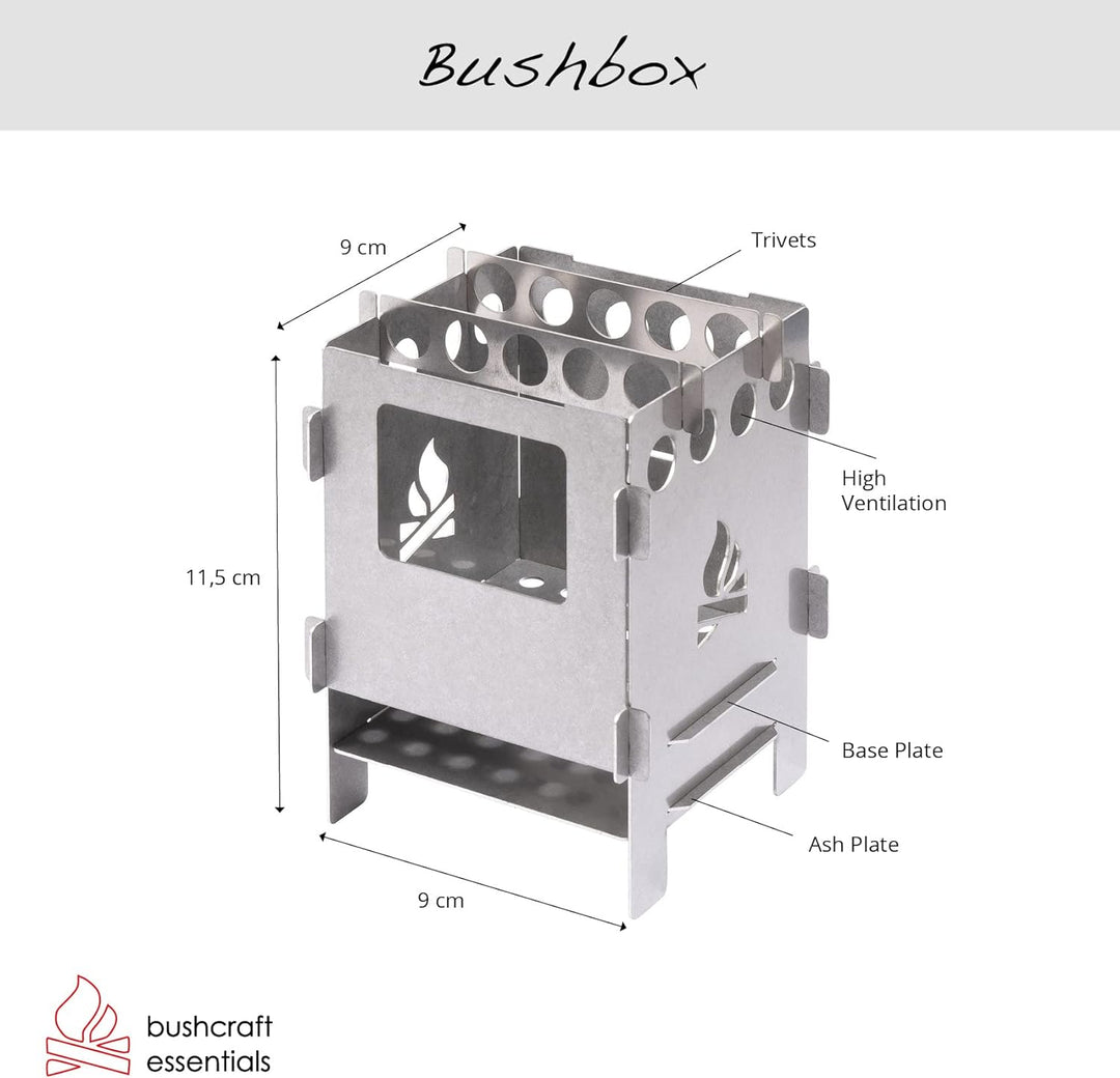 BUSHBOX SET Outdoor-Kocher | Hobo-Kocher | Camping | Holz | Gas | Spiritus | Steckbar | Kompakt | Mi