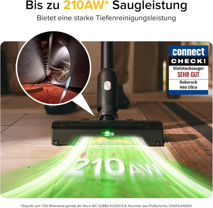 roborock H60 Ultra Akku Staubsauger, 210AW kraftvolle Saugleistung, 90 Min. Maximale Laufzeit, 90° F