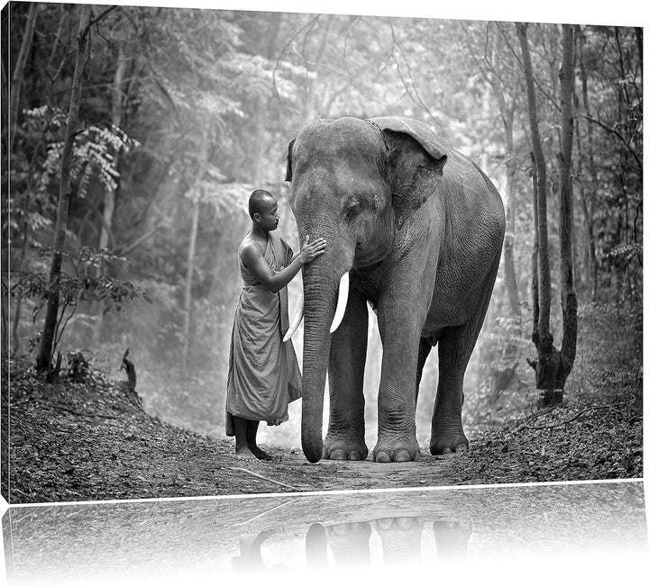 Pixxprint Elefant mit Mönch B&W als Leinwandbild/Grösse: 100x70 cm/Wandbild/Kunstdruck/fertig bespan