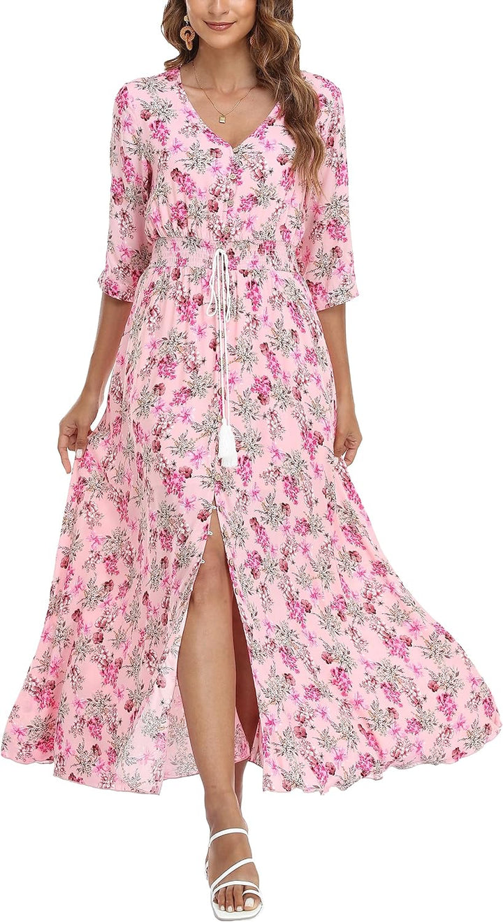 Damen Lange Split Knopf Up Sommer Maxikleid Floral Strandwear Holidy Kleid Hohe Taille mit kurzen Är